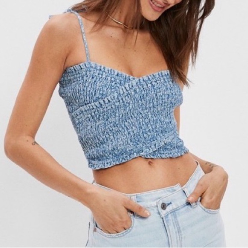 ✨NWT✨American Eagle | Blue/White Smocked Crossover Cotton Crop Top/Tank Sz XL